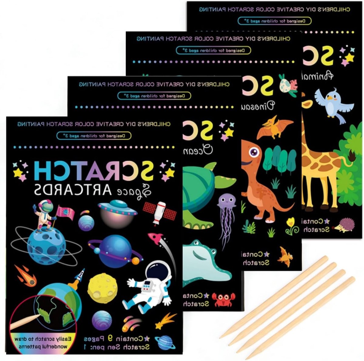 Scratch Art Set voor Kinderen met 4 Thema's: Dinosaurus, Ruimte, Oceaan en Dieren - 36 Schrapbladen en 4 Houten Stiften, Perfect voor Verjaardagsfeestjes en Cadeaus