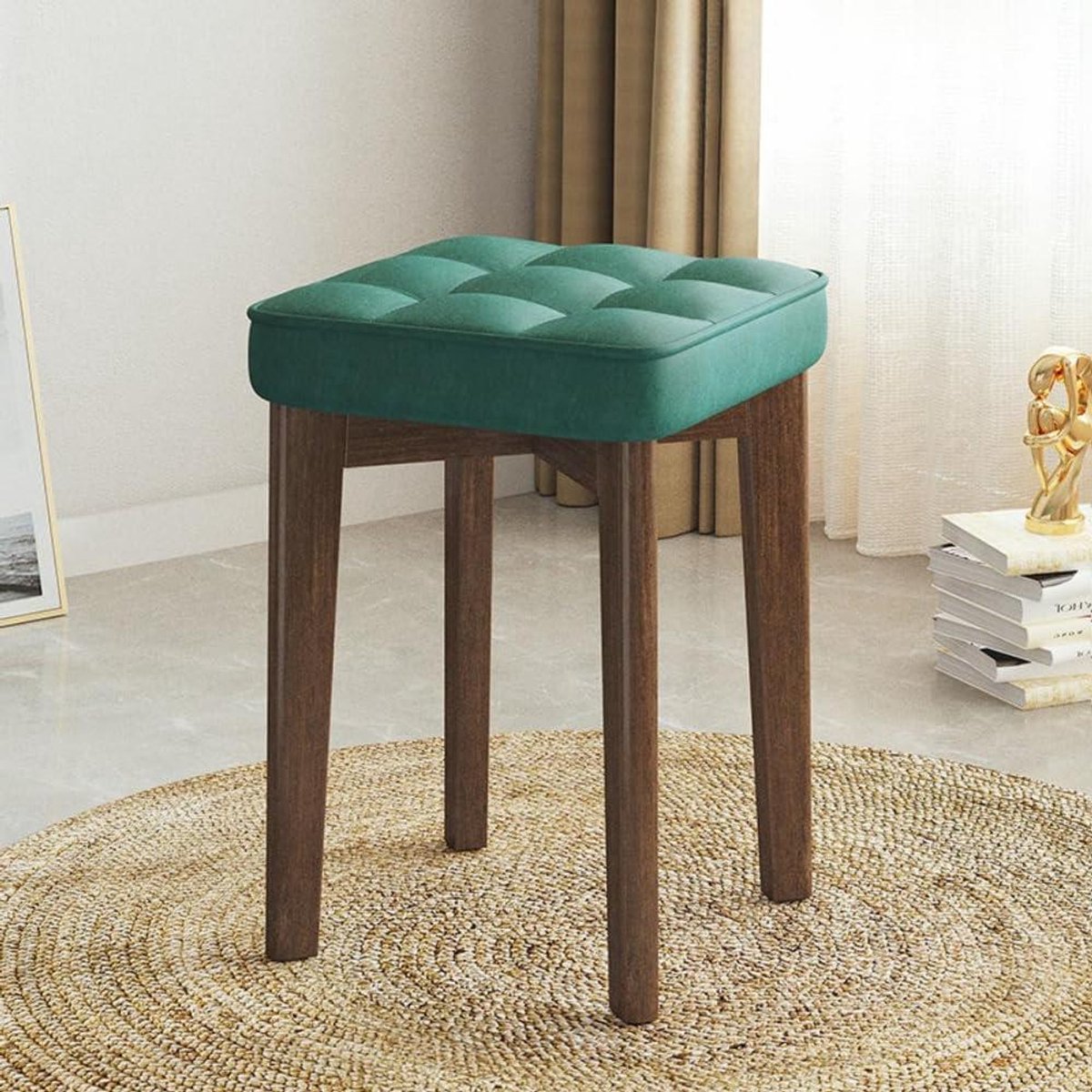 Kruk Stoel - Poef Zonder Leuning - Make-up Zitten - Massief Rubber Hout - 45 cm - Groen