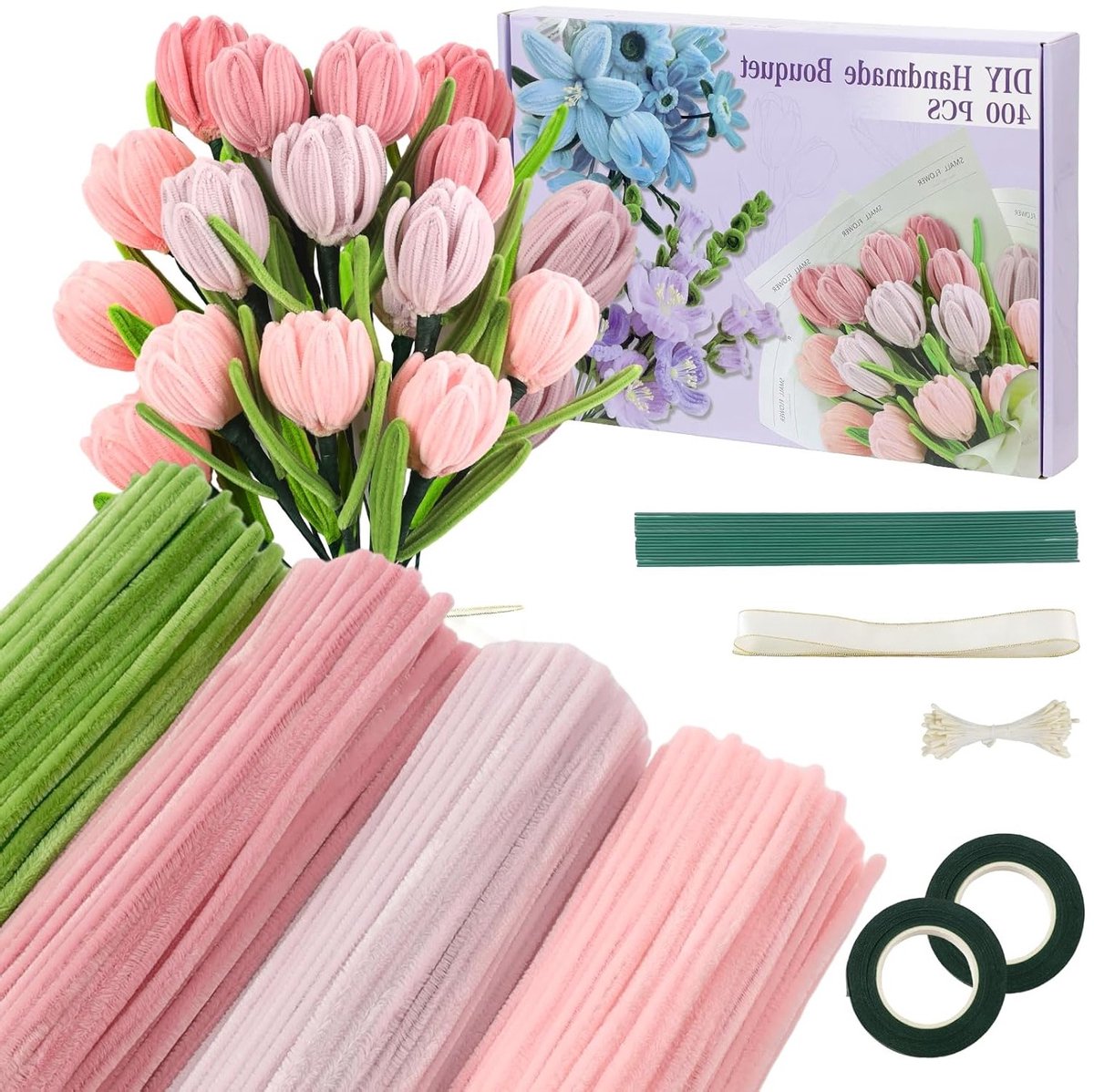 Tulpenboeket Pijpenreiniger Set van 400 Stuks voor Creatieve Projecten met 4 Kleuren, Inclusief Groene Draad, Cadeaulint en Plakband voor Kerst DIY Decoraties