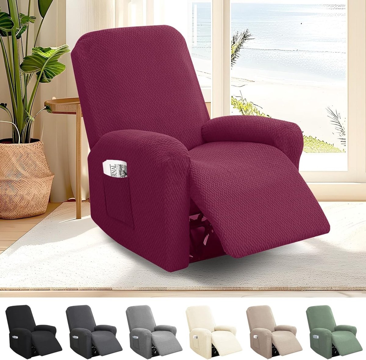 Recliner Stoelhoes Stretch All-Inclusive Wasbare Hoes voor Relaxfauteuil met Opbergvakken in Bordeauxrood