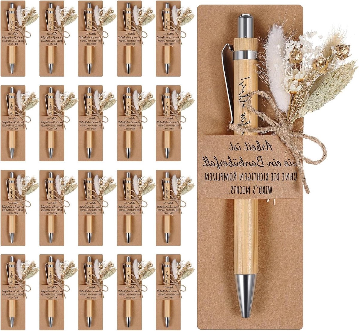 Cadeaus Met Houten Balpen En Gravering - Boeket Van Echte Gedroogde Bloemen En Papieren Penhouder Voor Afscheidscadeau Leraar, Collega Of Vriend (20 Sets)