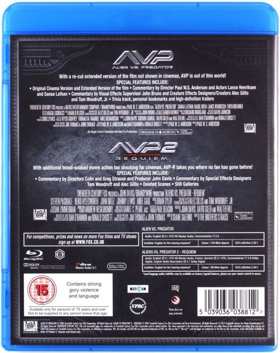 Achterkant van AVP Collector's Boxset Blu-ray met filmdetails en promoties.