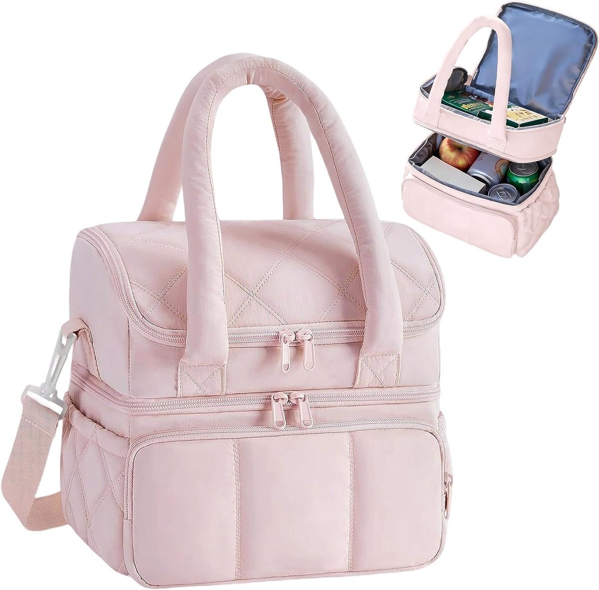 Draagbare koeltas met schouderbanden, geïsoleerde picknicktas voor werk, school en uitjes, gewatteerd en trendy (roze)