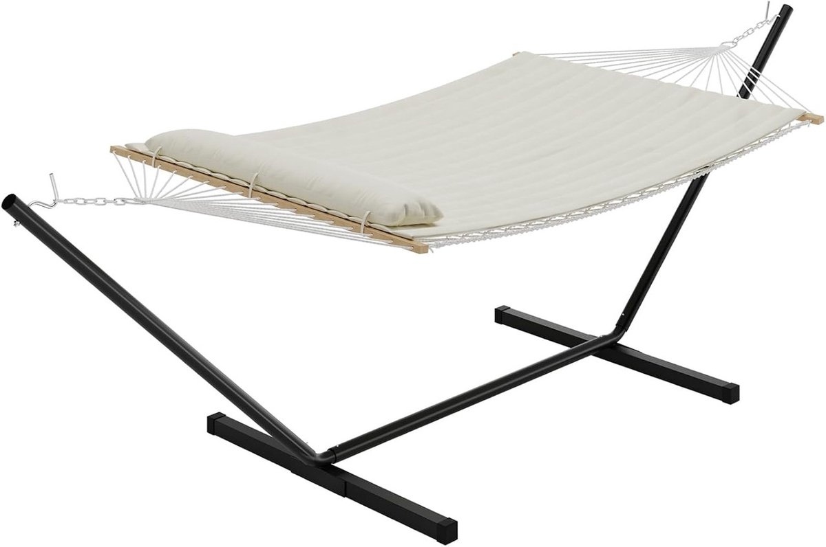 Hangmat met Standaard - 2-Persoons - Opvouwbaar Stalen Frame - beige - Luxe Gestoffeerde Hangmat voor Tuin en Terras - Zwaar Belastbaar