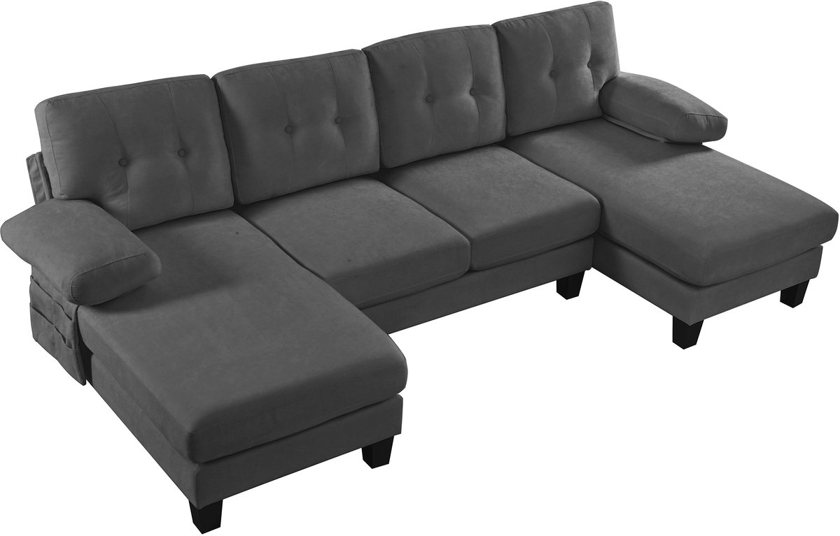 Merax U-vormige Hoekbank met Chaise Longue - 4-Zits Chenille Slaapbank met Verstelbare Rugleuning - Moderne Loungebank voor Woonkamer & Kantoor - Grijs