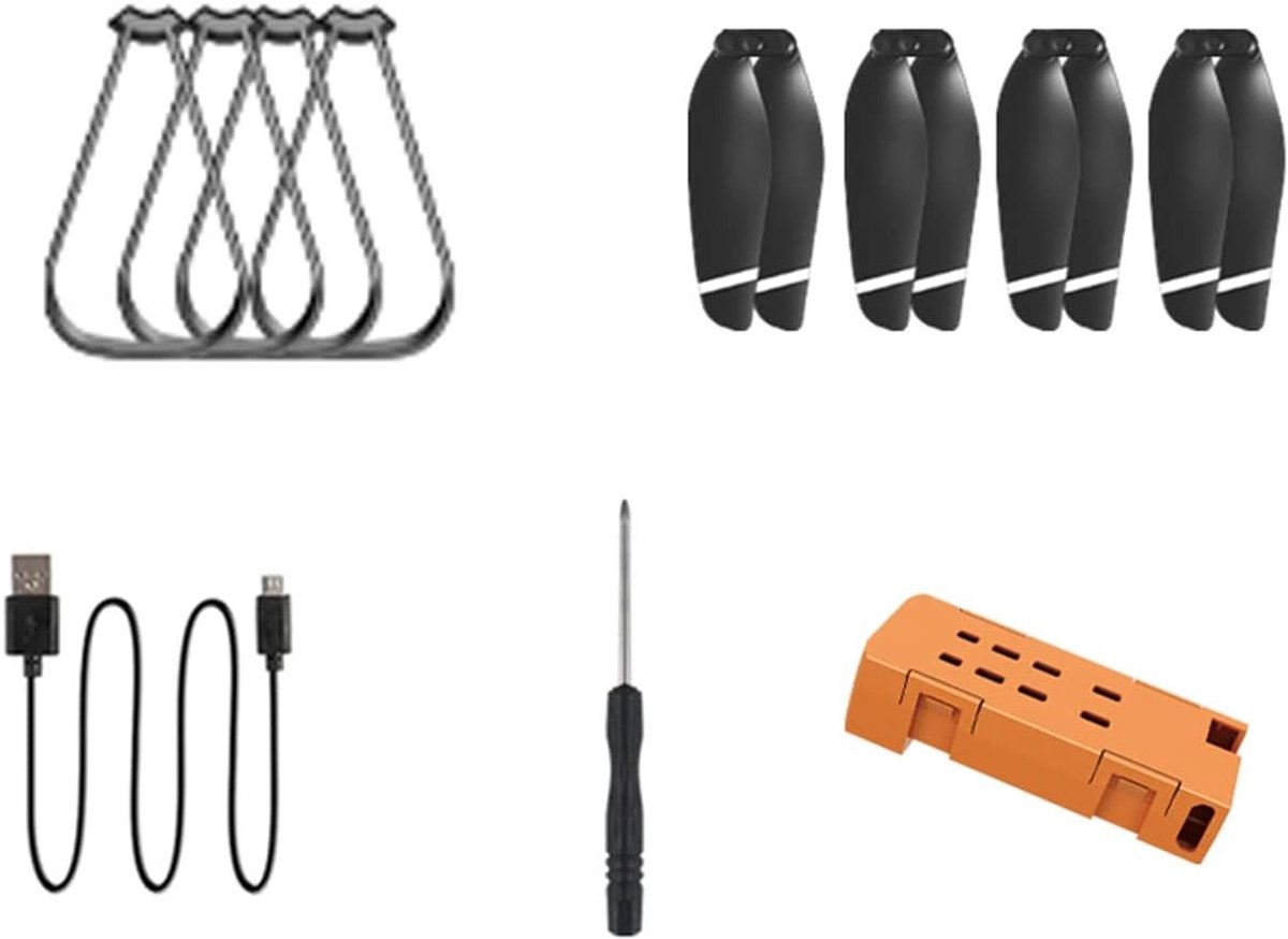 Droneset met oranje tas, 1 drone batterij, 4 beschermframes, 2 A en B reservebladen, schroevendraaier en oplaadkabel voor optimale bescherming en gebruiksgemak