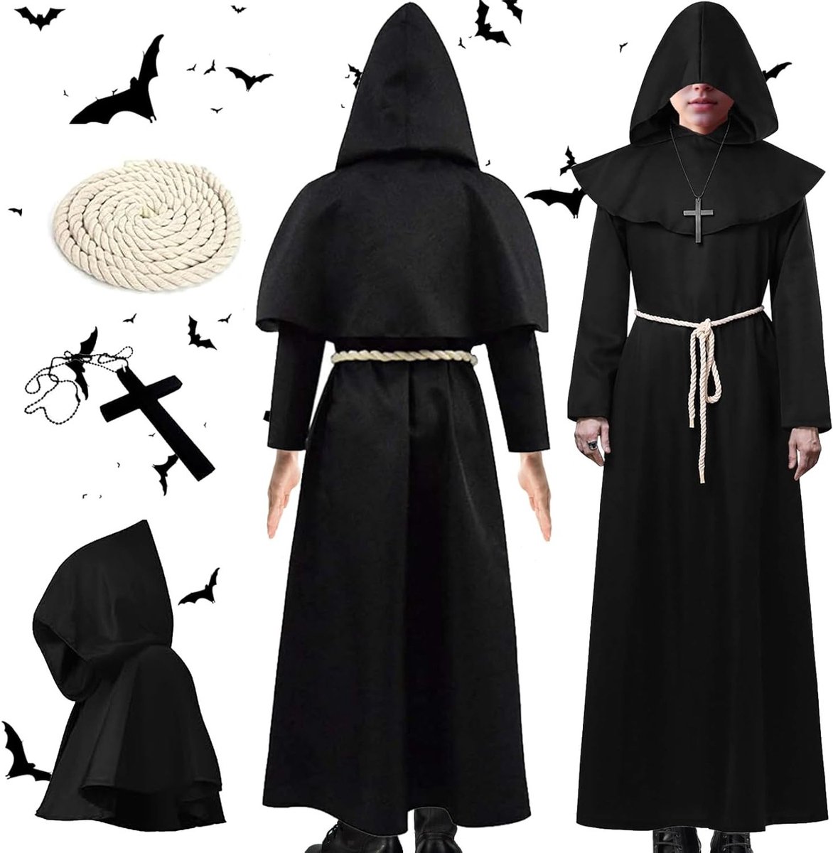 Kostuum voor Volwassenen in XL Maat - Monniken Robe voor Halloween, Carnaval en Rollenspel, Inclusief Kap en Priester Kostuum