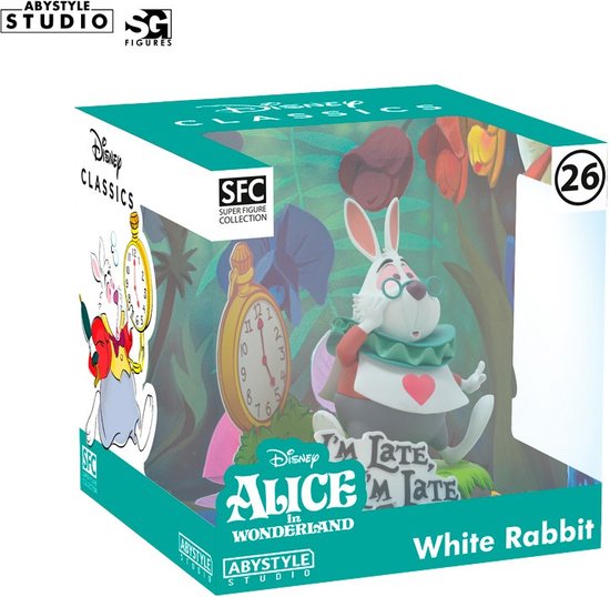 Doos met witte konijn figuur, Alice in Wonderland logo en 'White Rabbit'.