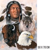 Allernieuwste.nl® Canvas Schilderij Indiaan met Hond, Bison en Adelaar - Kleur - 50 x 70 cm