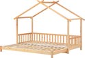 Huisbedframe van natuurlijk massief hout, met uitschuifbaar deel en dakconstructie.