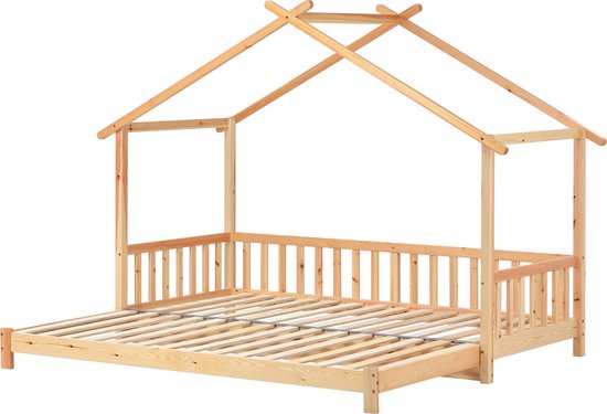 Huisbedframe van natuurlijk massief hout, met uitschuifbaar deel en dakconstructie.