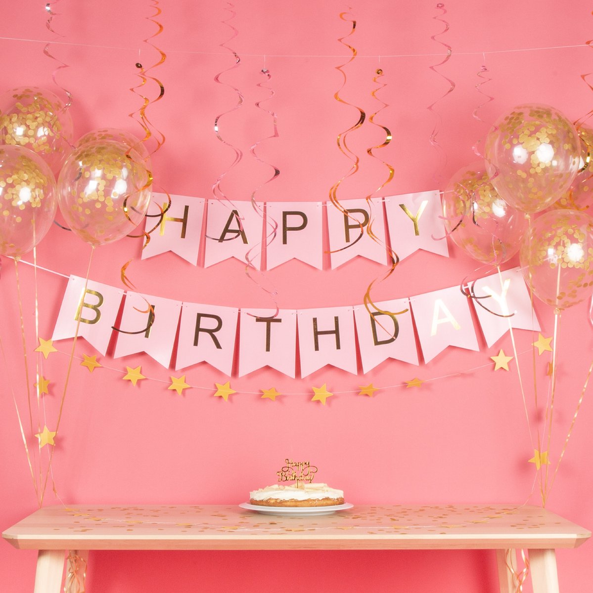 Fissaly Verjaardag Slinger Roze & Goud met Papieren Confetti Ballonnen – Decoratie – Happy Birthday - Letterslinger — afbeelding 3