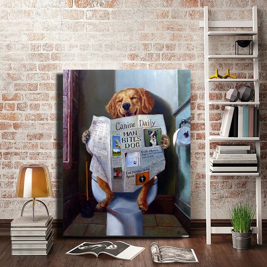 MKHFUW Moderne Canvas Muurkunst Grappige Dieren die op het Toilet zitten, Krantenbeelden Lezen Badkamer Slaapkamer Poster, Zonder Frame (Baderende, 20 x 30 cm