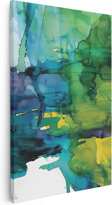 Artaza Canvas Schilderij Abstract Kunstwerk met Blauwe, Groene en Gele Kleuren - 60x90 - Muurdecoratie - Foto Op Canvas - Canvas Print