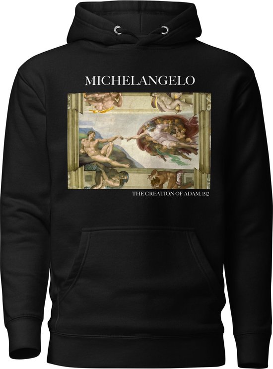 Michelangelo 'De Schepping van Adam' ("The Creation of Adam") Beroemd Schilderij Hoodie | Unisex Premium Kunst Hoodie | Zwart | M