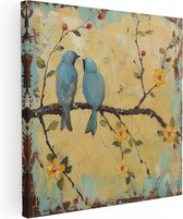 Artaza Canvas Schilderij Twee Blauwe Vogels Zittend op een Tak - 50x50 - Wanddecoratie - Foto Op Canvas - Canvas Print