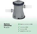 Grijze Bestway filterpomp met een capaciteit van 1249 L/H en aansluiting van 32 mm.