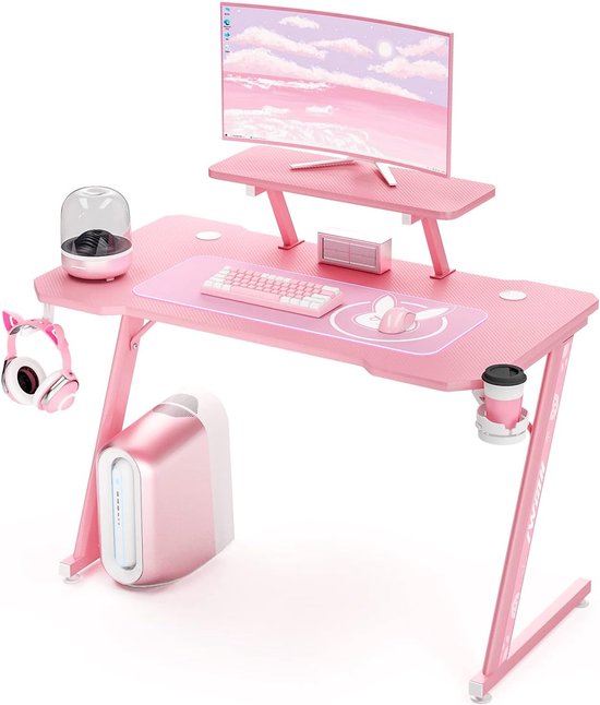 Grote ergonomische gaming computer bureau koolstofvezel tafelblad E-Sports bureau met verstelbare monitor plank draaibare oortelefoon beker handvat houders roze