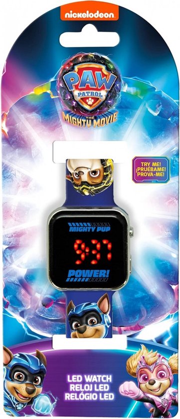 Paw Patrol Mighty Movie LED horloge in verpakking met Chase en Skye.