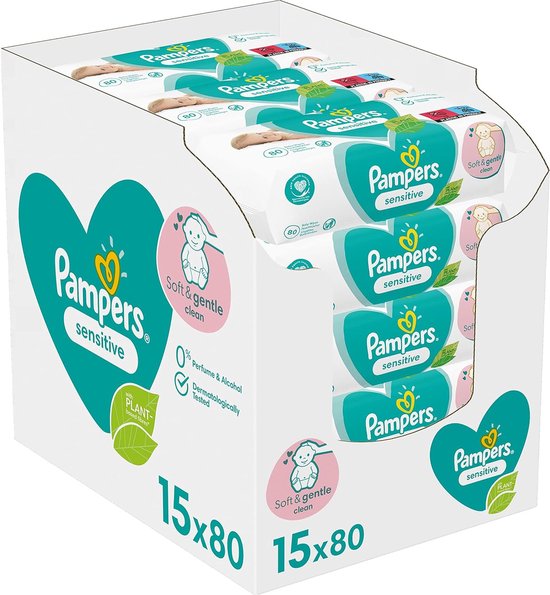 Pampers Sensitive Billendoekjes, 1200 Babydoekjes (15 x 80 Doekjes), Unieke pH Beschermende Formule, Zonder Parfum, Dermatologisch Getest