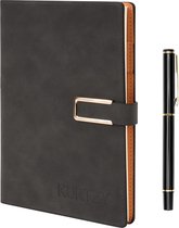 Kurtzy Carnet de notes en cuir PU gris foncé avec stylo - Journal d'écriture A5 rechargeable avec pages épaisses - Carnet de voyage en papier ligné pour le Business, Work et École