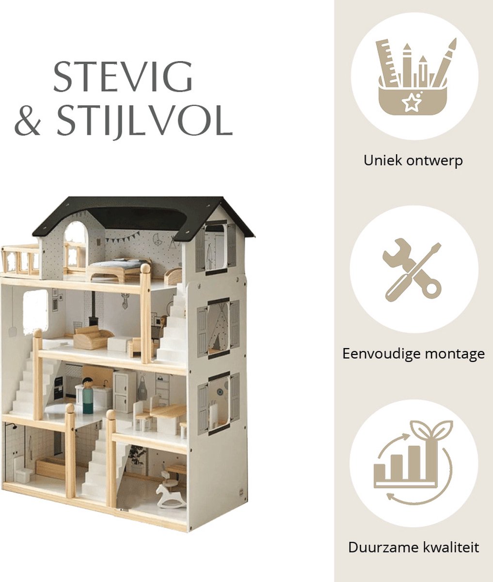 Petite Amélie Houten Poppenhuis - Zwart, grijs en wit - H.80 cm - Incl. 19 Poppenhuis Meubels – Voor een moderne speelwereld vol avonturen — afbeelding 9