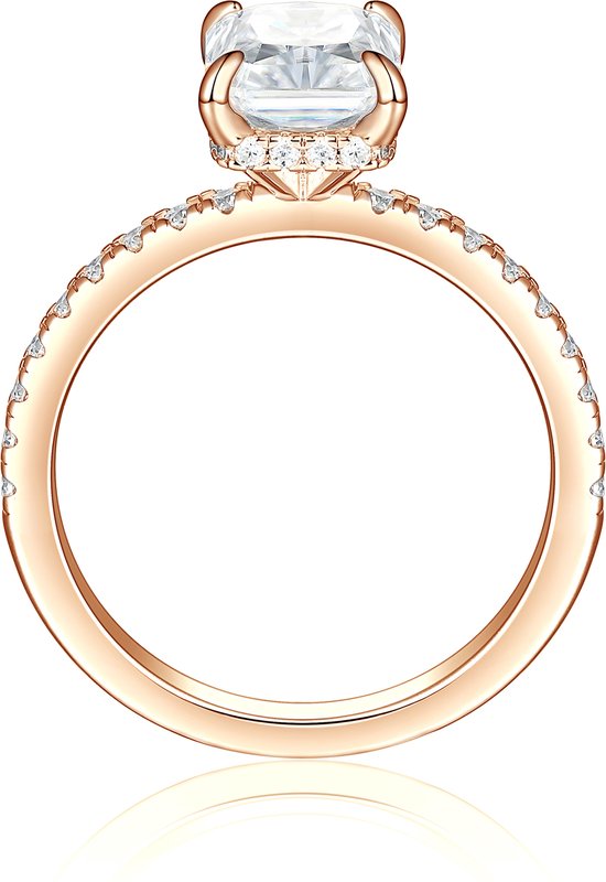 Astra - Ring en or rose 14 carats avec moissanite radieuse et pierres latérales pavées et halo caché - 2,7 carats.