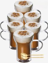 Bol.com Dubbelwandige Koffieglazen Met Oor - Set van 6 - 400 ML - Gratis 6x Lepels - Latte Macchiato Glazen - Dubbelwandige Thee... aanbieding
