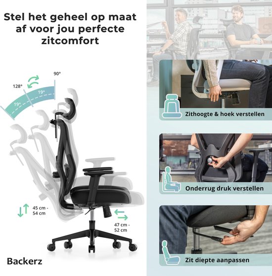 Backerz Mesh Ergonomische Bureaustoel - Bureaustoelen voor Volwassenen tot 150kg - Office Chair NEN-EN1335 - Gamestoel