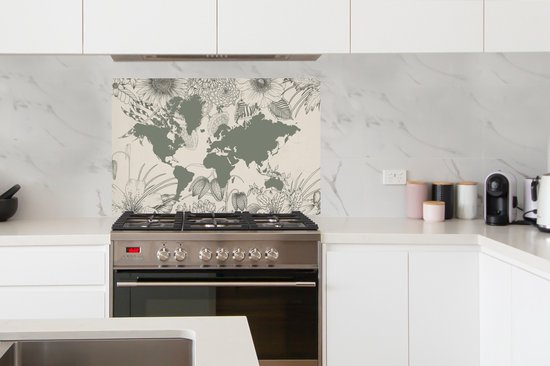 Spatscherm keuken 100x65 cm - Kookplaat achterwand Wereldkaart - Grijs - Bloemen - Muurbeschermer - Spatwand fornuis - Hoogwaardig aluminium