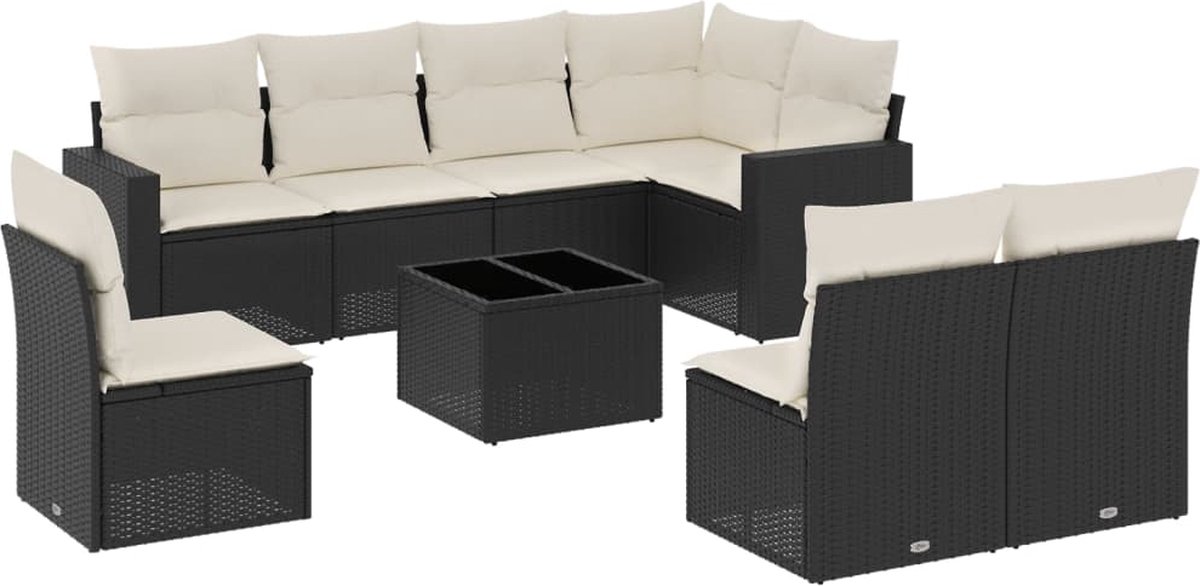 vidaXL 9-delige - Loungeset - met - kussens - poly - rattan - zwart
