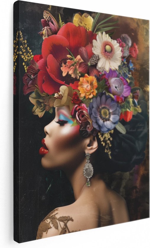 Artaza Canvas Schilderij Vrouw met Bloemen op haar Hoofd - Foto Op Canvas - Canvas Print