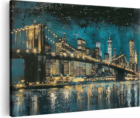 Artaza Canvas Schilderij Brooklyn Bridge 's Nachts - 120x80 - Groot - Foto Op Canvas - Canvas Print