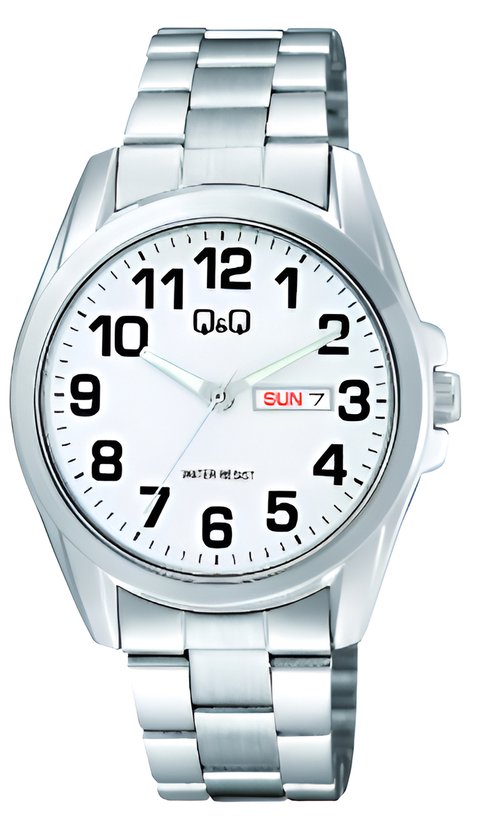 Q&Q A05A-002PY - Horloge - Analoog -Heren- Stalen band - Rond - Metaal - Cijfers - Zilverkleurig - Wit-Datum