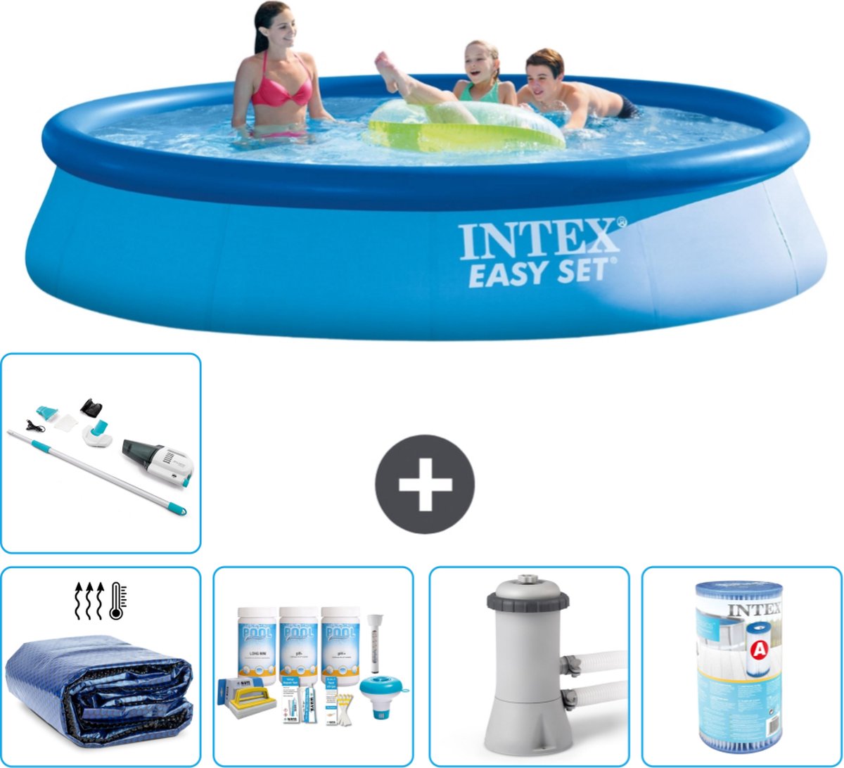 Intex Easy Set Intex Rond Opblaasbaar Easy Set Zwembad 396 x 84 cm Blauw Inclusief Solarzeil Onderhoudspakket Zwembadfilterpomp Filter Stofzuiger