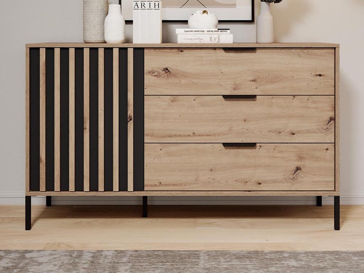 Vente-unique Ladekast met 1 deur en 3 lades - Kleur: naturel en zwart - ARIADA Zwart, Natuurlijk licht