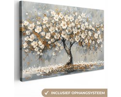 Canvas schilderij 120x80 cm - Wanddecoratie Boom - Goud - Bloemen - Abstract - Kunst - Muurdecoratie woonkamer - Kamer decoratie modern - Abstracte schilderijen