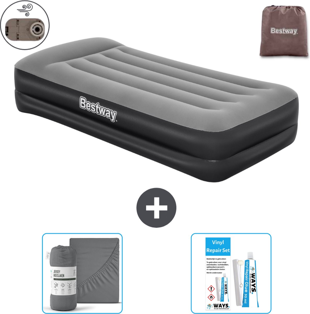 Bestway luchtbed - 1-Persoons - 97 x 191 x 46 cm - Grijs - Inclusief pomp - Hoeslaken en Reparatieset