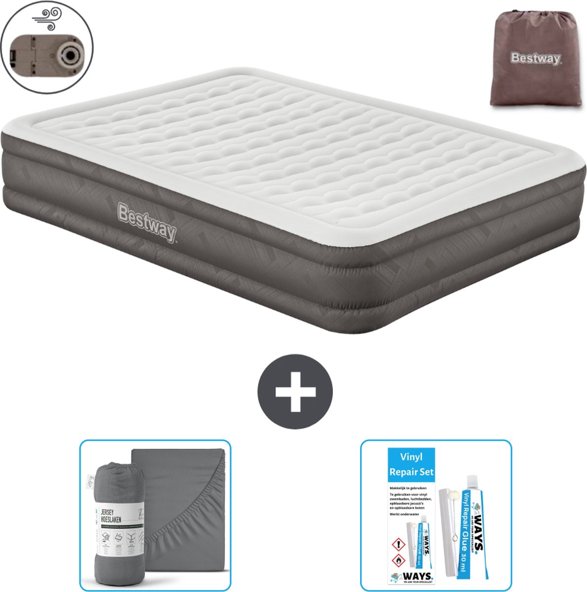 Bestway luchtbed - 2-Persoons - 152 x 203 x 36 cm - Bruin - Inclusief pomp - Hoeslaken en Reparatieset
