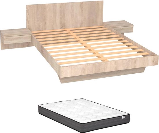 Bed met nachtkastjes 140 x 190 cm - Kleur: houtlook + matras - MARVELLOUS L 234 cm x H 74.9 cm x D 192.2 cm