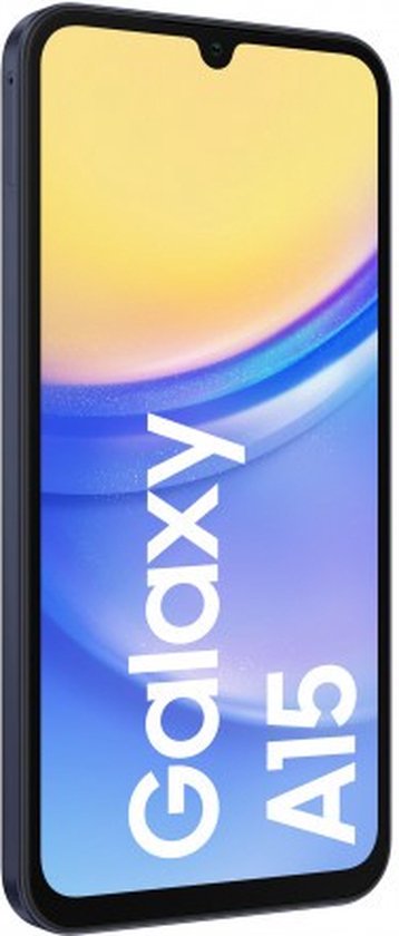 Donkerblauwe Samsung Galaxy A15 smartphone, schuin van voren gezien, met tekst op het scherm.