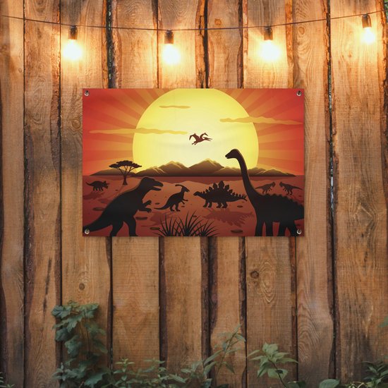 Posters de jardin extérieur Dino - Soleil - Nature - Dessin - Enfants - Garçons - 90x60 cm - Toile jardin - Affiche extérieure