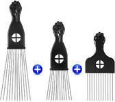 Maxenza Afro Kam - Afro Comb - Afro Pick - Styling Pik Afro Comb - Set van 3 Maten en 3 Soorten - Zwart