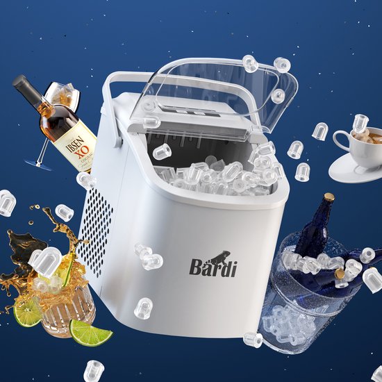 Witte Bardi ijsblokjesmachine, zwevend in de lucht omringd door ijsblokjes, een fles cognac, een glas met drank en een kopje koffie.