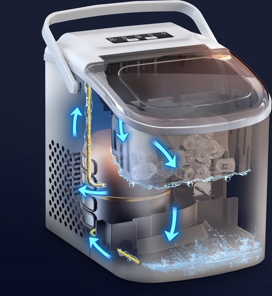 Doorsnede van witte ijsblokjesmachine met watercirculatiepijlen.