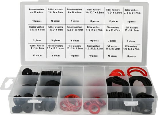 Open opbergdoos met 141 stuks rubberen, fiber en EVA afdichtringen in verschillende maten, zwart en rood.