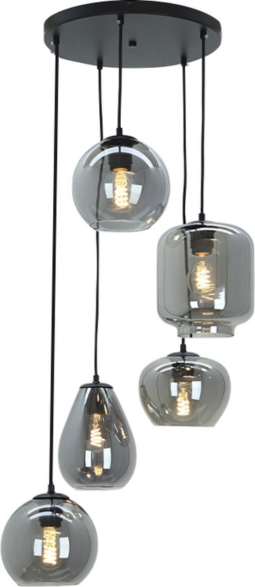 Olucia Caia - Moderne Hanglamp - 5L - Glas/Metaal - Grijs;Zwart - Rond - 48 cm