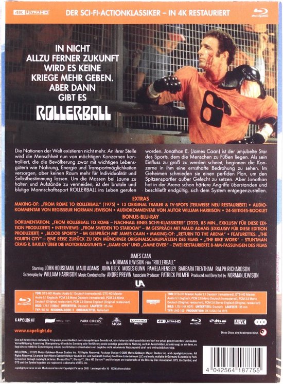 Achterkant van de "Rollerball" 4K Ultra HD en Blu-ray set met James Caan in sportuitrusting.