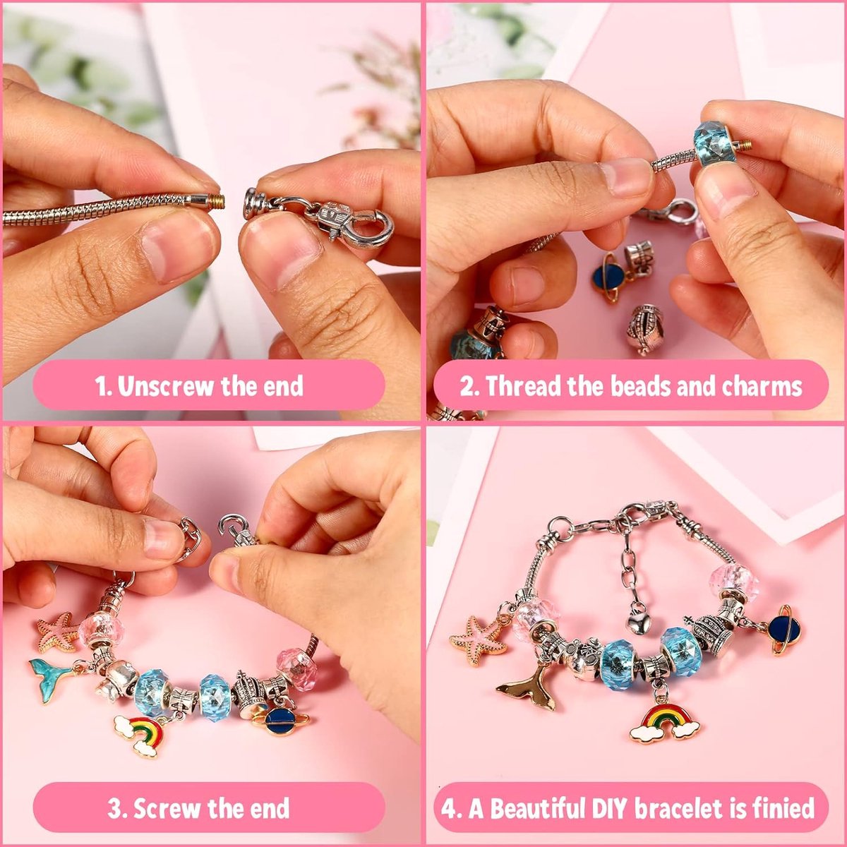 Sieradenset Meisje(128pcs) -DIY sieradendoos -Kettingen armbanden zelf maken - sieraden DIY knutselset voor kinderen - bedelarmbandkit doe-het-zelf kindersieraden, knutselen, kinderspeelgoed(5-12 jaar)-Roze — afbeelding 12