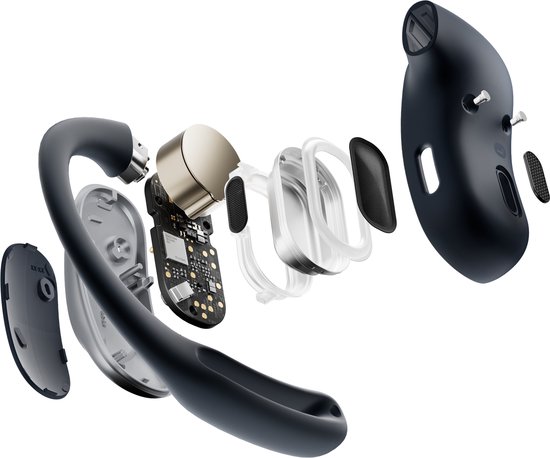 Écouteurs noirs Shokz OpenFit Air, démontés pour montrer les composants internes, y compris la batterie et la carte de circuit imprimé.